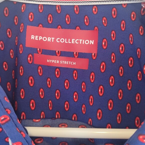 Report Collection Hyper Stretch Blue Geometric Print Shirt Men's Large - Picture 3 of 5